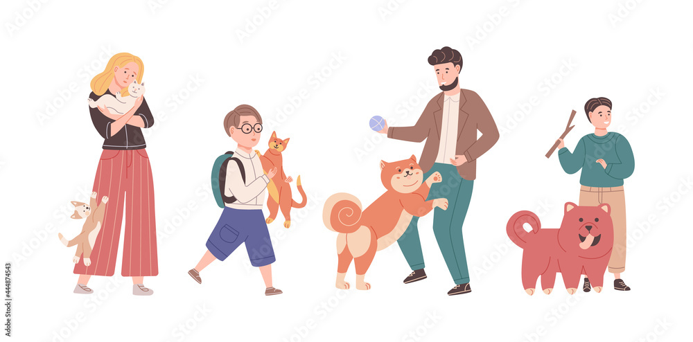 Collection of different people pet owners spending time with domestic animals cartoon vector Collection of different people pet owners spending time with domestic animals cartoon vector