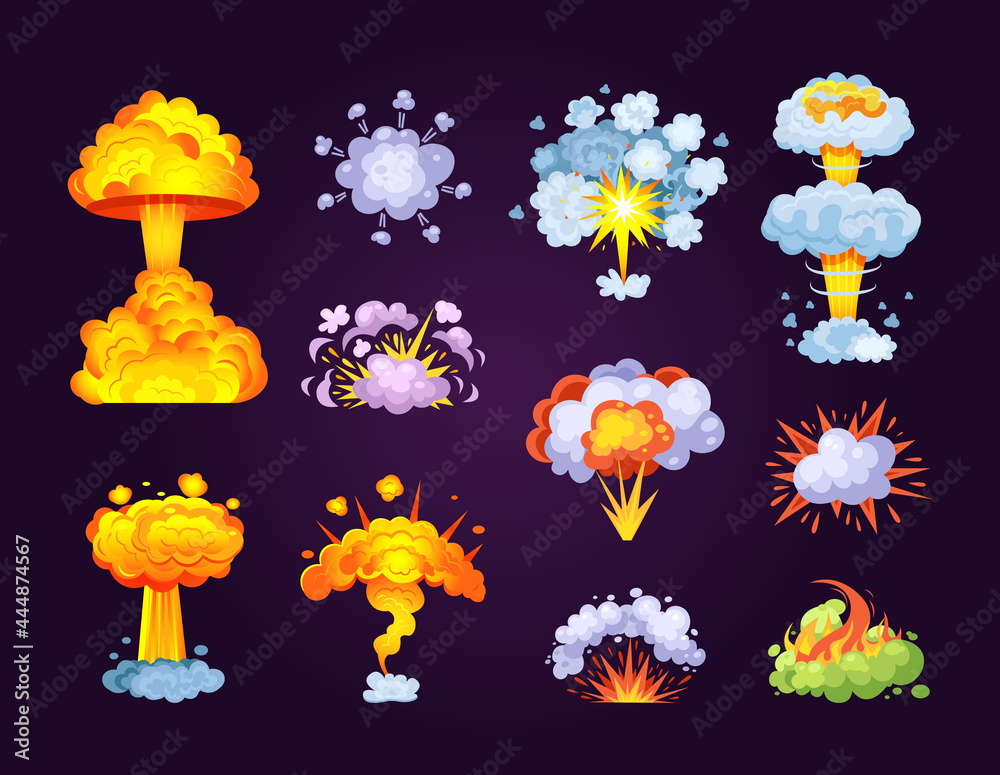 Colorful bomb explosion. Set of blast atom explosive effect. Burn ...