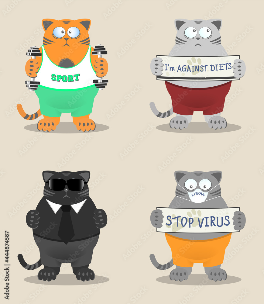 A set of discontent serious fat cats in pants, glasses, tie and medical mask. Inscriptions, stop virus and I am against diets.