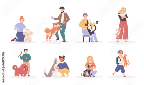 Collection of different people pet owners spending time with domestic animals cartoon vector © Svetlanas01