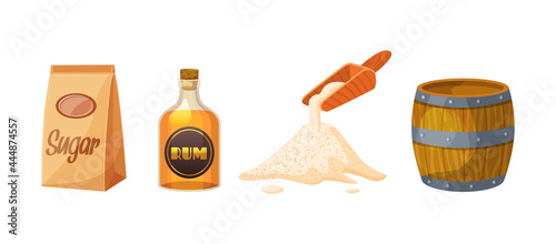 Set of cane sugar. Sugarcane products. Cane sugar lumps and cube, glass bottles of rum, rum alcoholic liquid, package with cube and dry loose delicious carbohydrate