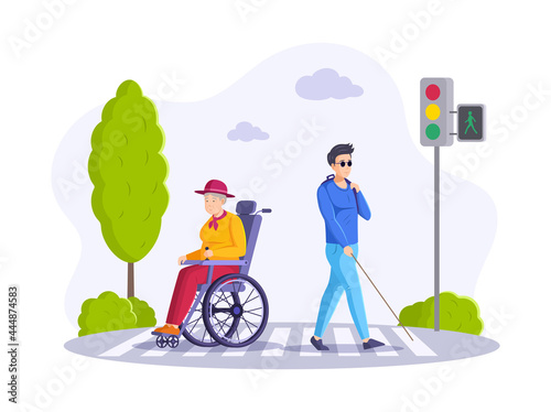 Two disabled people walking crossing avenue road. Blind male and elderly woman in wheelchair at crosswalk traffic light. Collection of elderly and young disabled people