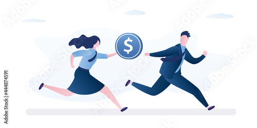 Relay, job handover or partnership. Teamwork to help winning. Business baton pass. Business colleagues, partners passing baton while running at full speed to achieve success.