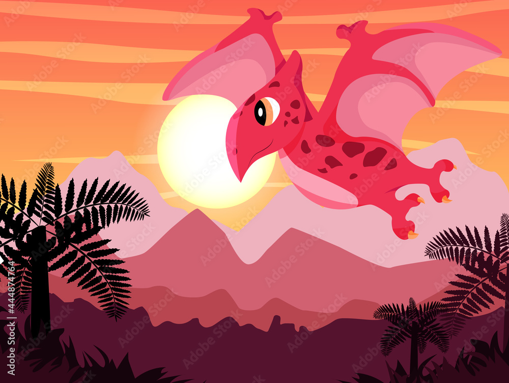 Children's illustration of a dinosaur. Jurassic period. Funny pterodactyl flies over the mountains in the background sunset. Ancient world.