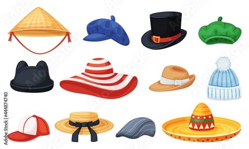 Cartoon hats. Cylinder, panama, baseball cap, beret, sombrero. Man and women summer stylish headwear, fashion head accessories vector set. Elegant and sport headdress for female and male characters