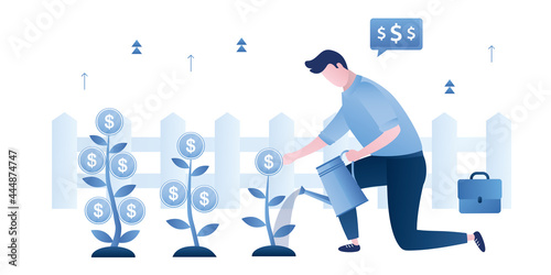 Businessman or investor watering various money trees. Venture fund investing in new startups. Entrepreneur grows successful business.