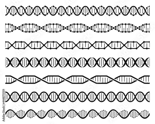 Dna helix chains. Double helix gene molecule structure, human genetic code. Dna chain molecular sequence seamless element vector set. Chromosome spirals, microscopic spiral curved model