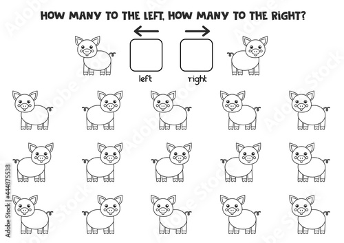 Left or right with black and white farm pig. Logical worksheet for preschoolers.