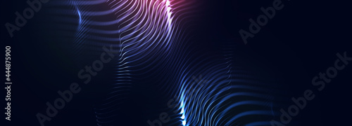 Spiral abstract neon light in motion. digital blue LED lights wave with motion effect on black background. Glowing illumination light of futuristic swirl for tv screen backdrop.