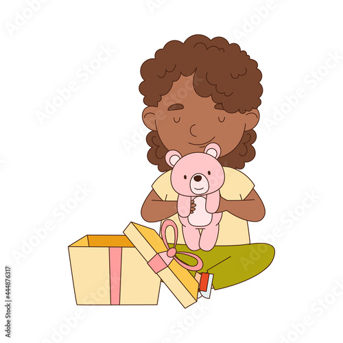 Little African American Girl Opening Gift Box with Teddy Bear Rejoicing at Present Vector Illustration