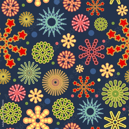 Festive background. Night. Square Seamless pattern. Bright flashes of fireworks in a symbolic style. Petard and squib. Flat design. Cartoon style. Vector