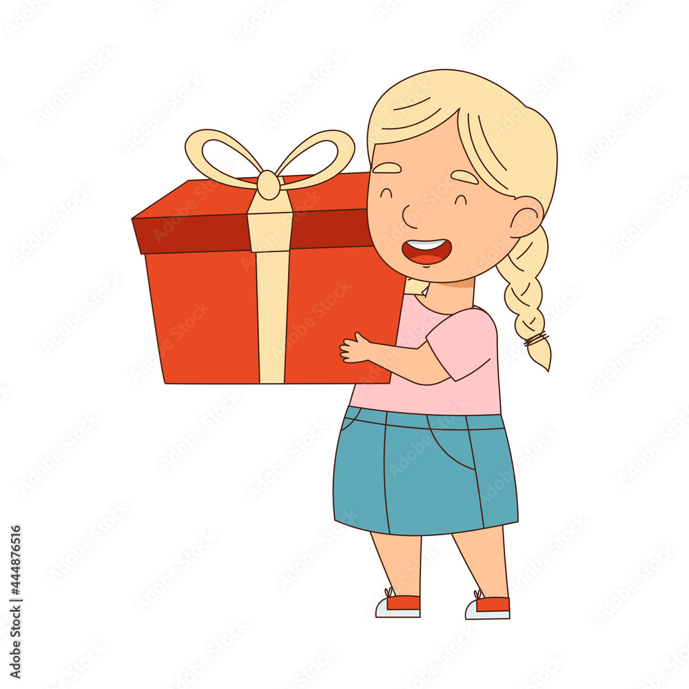 Blond Little Girl Holding Gift Box as Holiday Present Vector Illustration Blond Little Girl Holding Gift Box as Holiday Present Vector Illustration