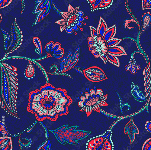 Fantastic ethnic vector seamless pattern with stylized plants in Asian style. Beautiful print for fabrics and packaging products. Botanical surface design.