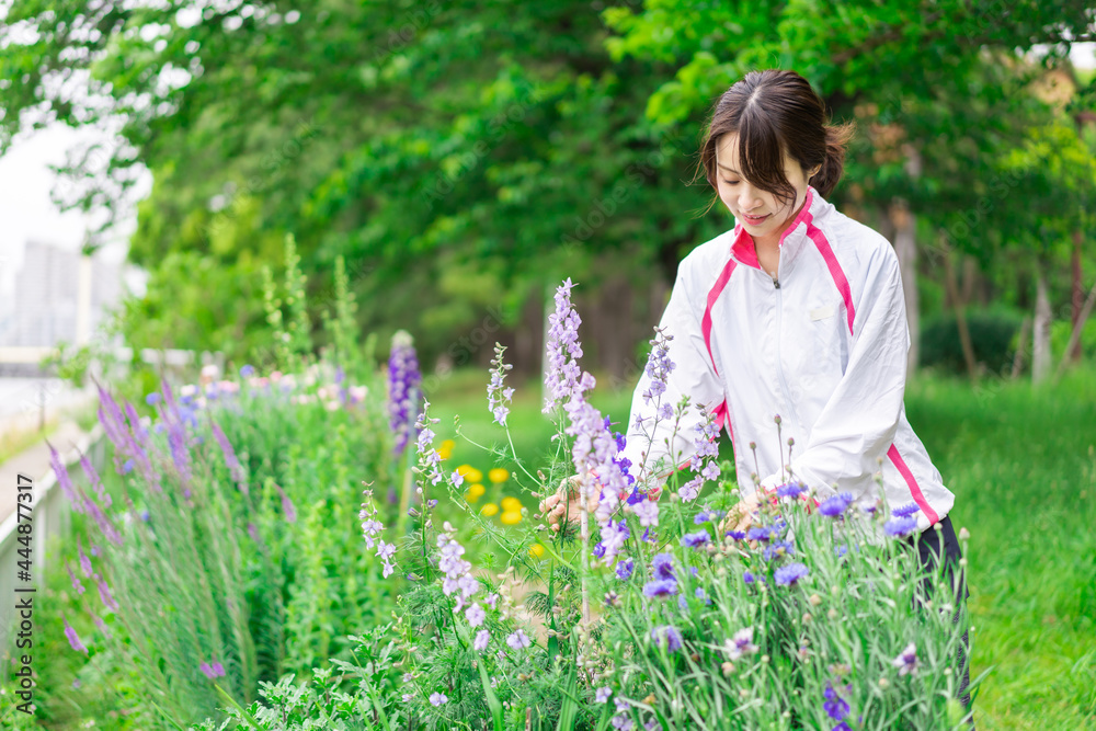 庭で花の世話をする若い女性 庭で花の世話をする若い女性