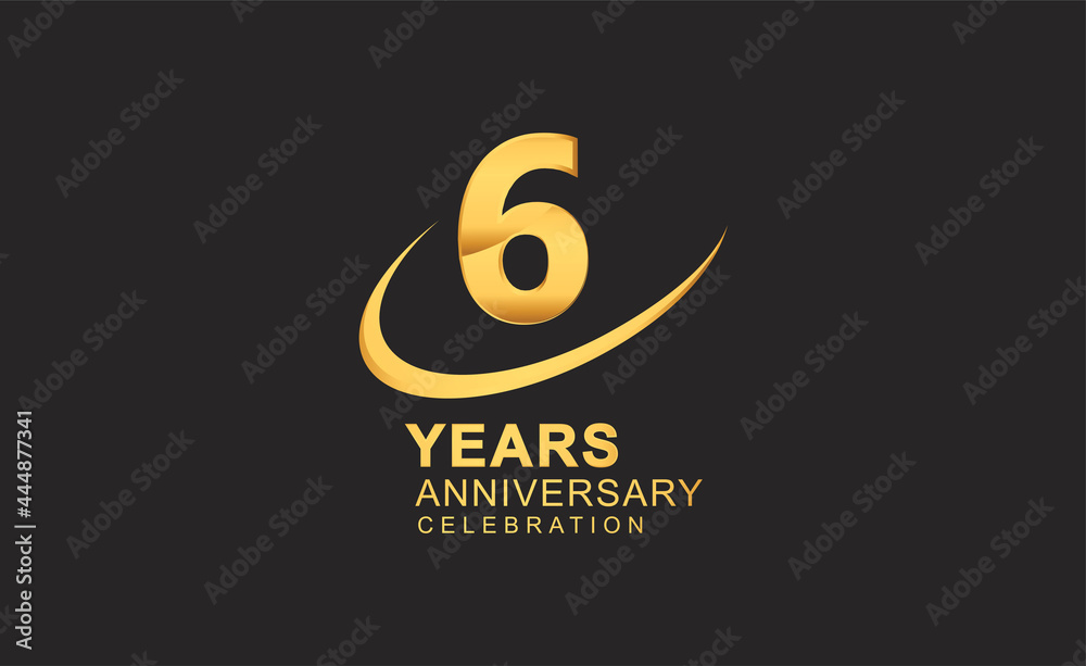 6th years anniversary with swoosh design golden color isolated on black background for celebration