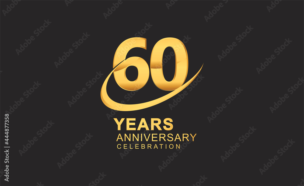 60th years anniversary with swoosh design golden color isolated on black background for celebration