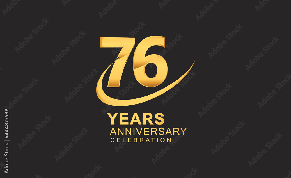 76th years anniversary with swoosh design golden color isolated on black background for celebration