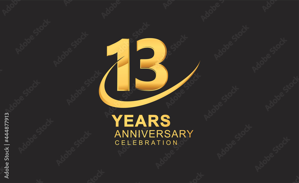 13th years anniversary with swoosh design golden color isolated on black background for celebration