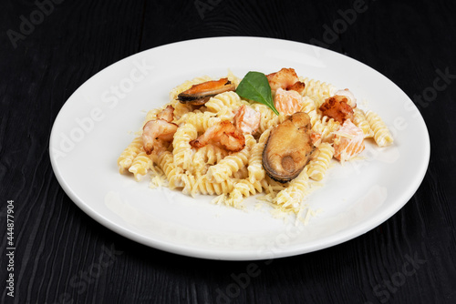 Seafood Pasta with mussels salmon and shrimps