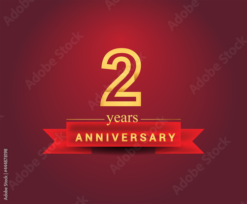 2nd years anniversary design with red ribbon and golden color isolated on red background, Design for anniversary celebration.