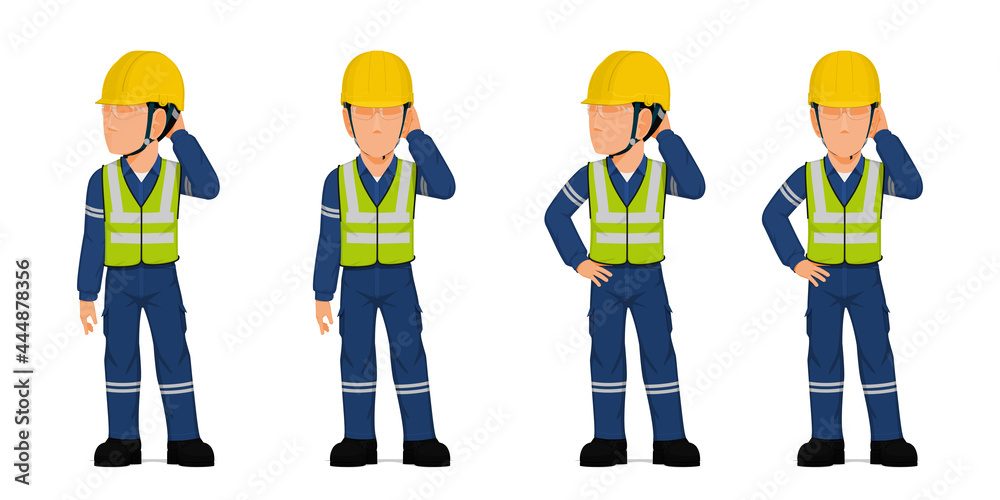 Set of industrial worker put his hand on his head on white background