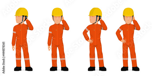 Set of industrial worker put his hand on his head on white background