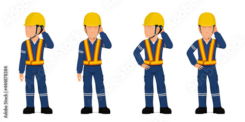 Set of industrial worker put his hand on his head on white background