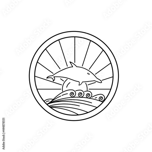 A cute dolphin jumping in a beautiful ocean wave line art design style