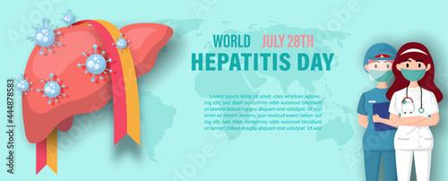 Human liver with symbols of virus, a campaign ribbon, wording of World Hepatitis Day, and doctor in cartoon character on world map and light green background.