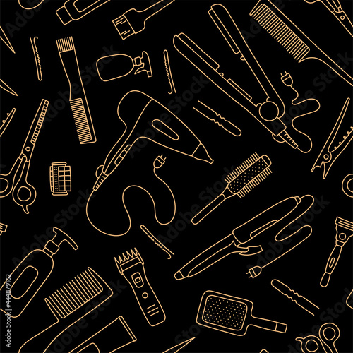 Hairdressing tools seamless pattern. Line sketch. Professional hair dresser equipment. Hand drawn doodle vector illustration. Barbershop symbol. Hairdryer, scissors, comb, straightener and curler