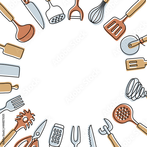 Kitchen knolling with copy space. Kitchenware sketch set. Doodle vector utensils, tools and cutlery. Whisk, slotted spoon, scissors and rolling pin. Knife, fork, peeler and opener.