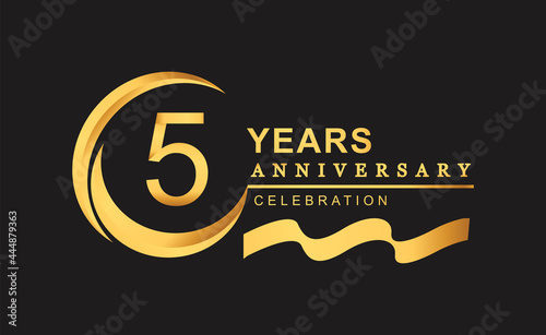 5th anniversary design logotype golden color with ring and gold ribbon for anniversary celebration