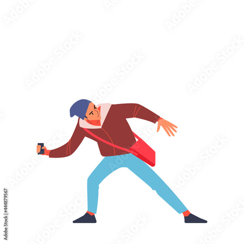Street riots. An aggressive man of Radical youth throws a stone at the riot police. Flat style character vector illustration isolated