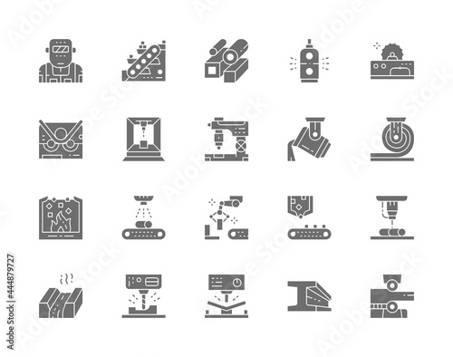 Set of Metallurgy Industry Gray Icons. Conveyor, Mining Industry, Steel Pipes, Metallurgist, Robotic Manipulator Arm and more.