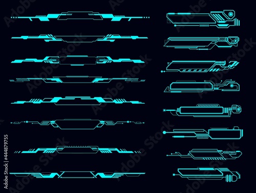 HUD info boxes, futuristic display borders and interface, elements, vector. HUD tech or digital technology game frames and text boxes or call bars, UI panel screen layouts