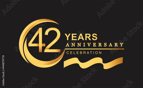42nd anniversary design logotype golden color with ring and gold ribbon for anniversary celebration