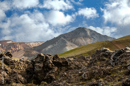 Landscape view of Landmannalaugar colorful mountains and glacier  Iceland