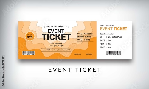 Modern event ticket template with orange paper cut waves, professional concert admission pass, creative festival entry voucher with barcode