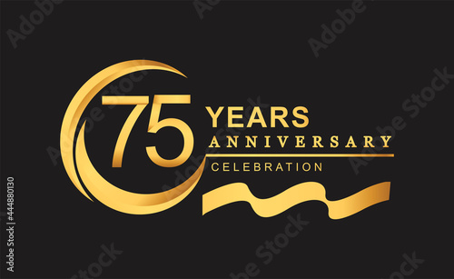 75th anniversary design logotype golden color with ring and gold ribbon for anniversary celebration