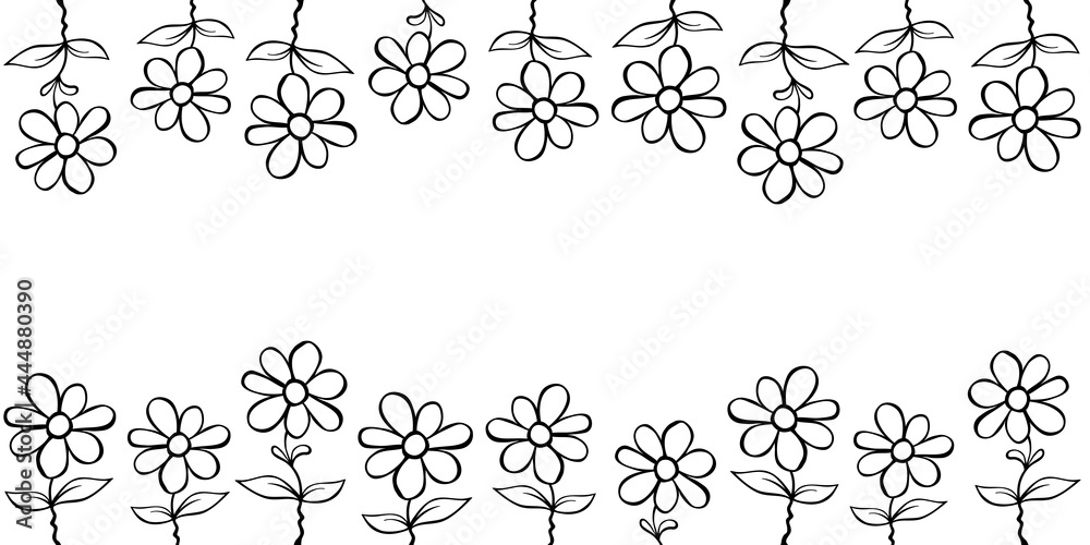 Frame from outline flowers in cartoon doodle. Vector hand drawn isolated. Horizontal top and bottom edging, border, decoration for greeting card, invitation, Valentine's, Women's or Mother day