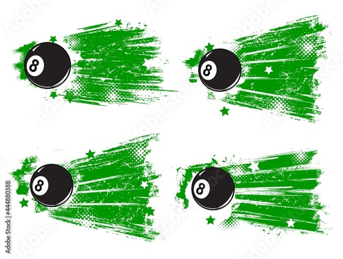 Pool billiard game grunge banners. Cartoon vector black eight-ball, green paint brushstrokes or traces, grungy background with stars vintage halftone effect. Cue sports championship retro banners