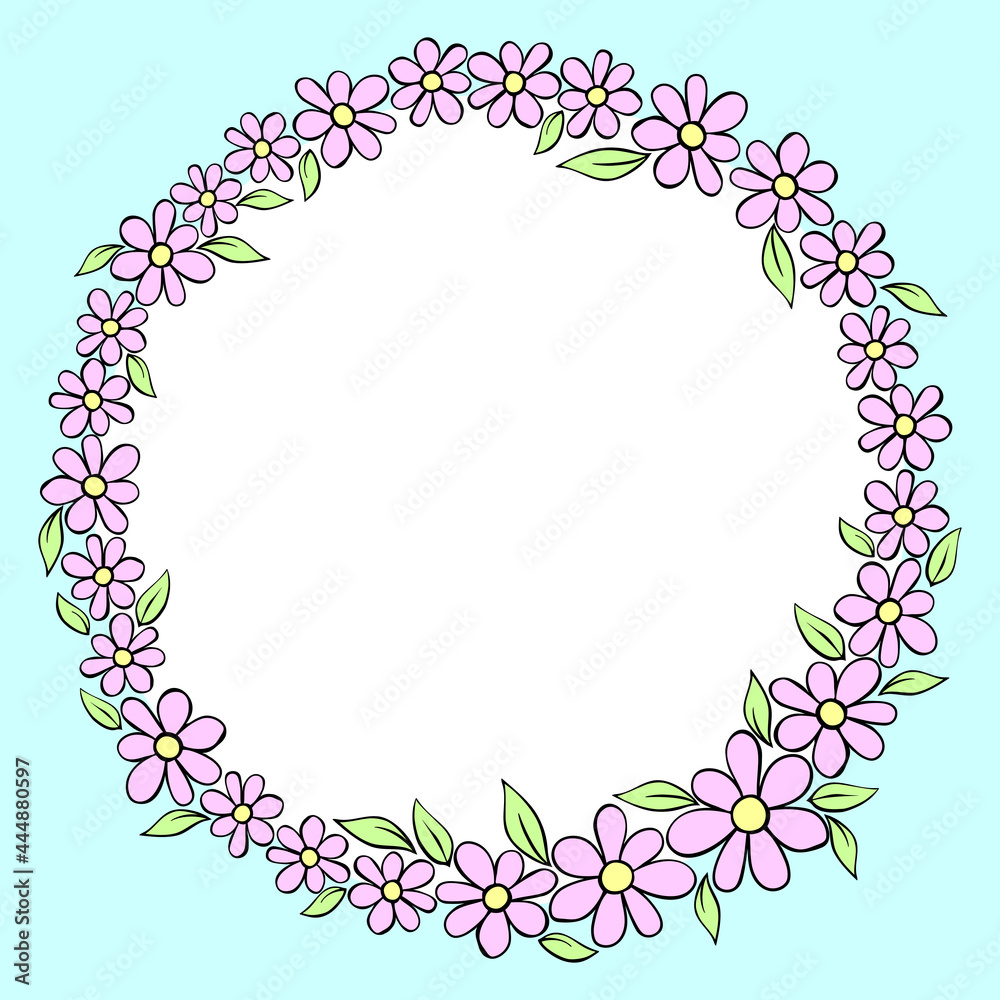 Vector hand drawn circle frame, border, wreath from color small flowers in doodle style. Cute simple primitive background, decoration for invitation, greeting card, wedding
