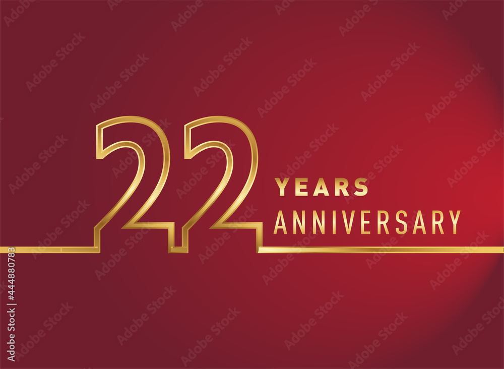22nd years anniversary logotype, gold colored isolated with red ...