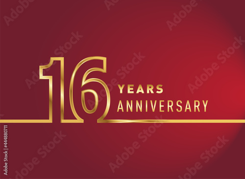16th years anniversary logotype, gold colored isolated with red background, vector design for celebration, invitation card, and greeting card