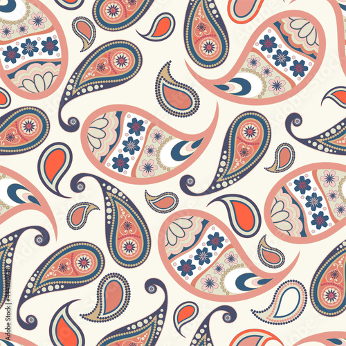 Seamless abstract pattern in paisley style. On a white background - a colored ornament of cucumbers. Printing on textiles and paper. Vector illustration.