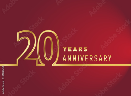 20th years anniversary logotype, gold colored isolated with red background, vector design for celebration, invitation card, and greeting card