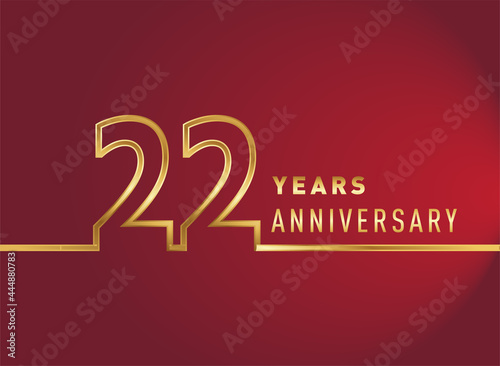 22nd years anniversary logotype, gold colored isolated with red background, vector design for celebration, invitation card, and greeting card