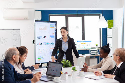 Angry entrepreneur in conference room screaming at coworkers in conference room. Businesswoman raging about multitasking difficult job, screaming in boardroom