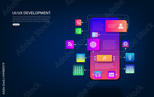 mobile phone with a disassembled interface. User experience, user interface in e-commerce. Website wireframe for mobile apps
