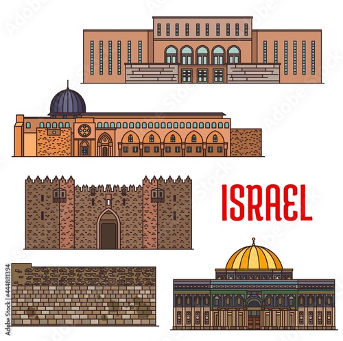 Israel landmark architecture, churches and temples buildings, vector Jerusalem sightseeing religious places. Wailing Wall Kotel, Dome of the Rock shrine on Temple Mount and Islamic Al-Aqsa mosque